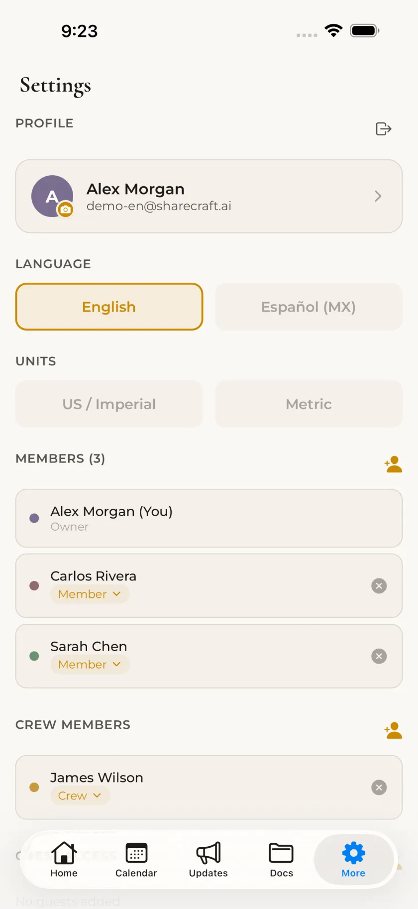 The ShareCraft members screen